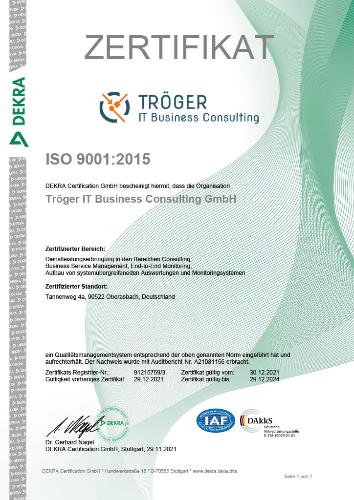 Zertifikat ISO 9001:2015 der Tröger IT Business Consulting